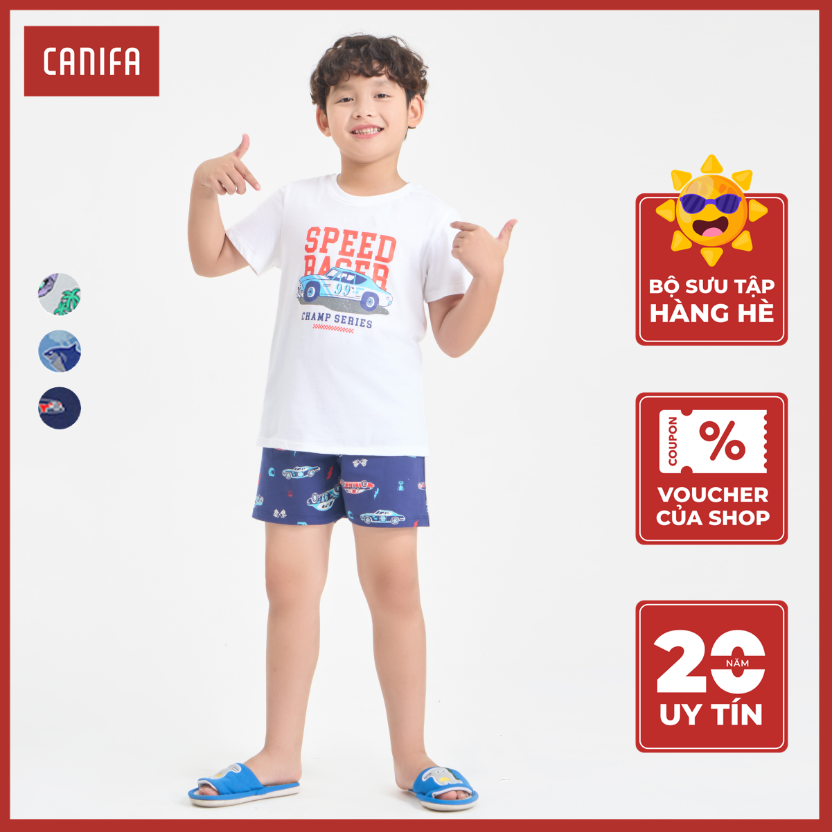 Bộ quần áo bé trai canifa mặc nhà cộc tay quần soóc có hình in 2ls24s006