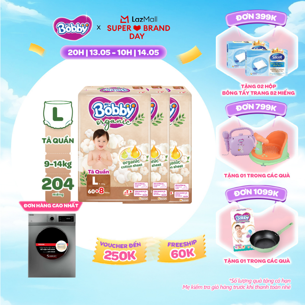 [CHỈ 20h 13.05 QT Đơn 899K/1199K][COMBO 3] [TẶNG KÈM 8 MIẾNG] Tã quần cao cấp Bobby Organic chăm sóc dịu nhẹ từ thiên nhiên L60