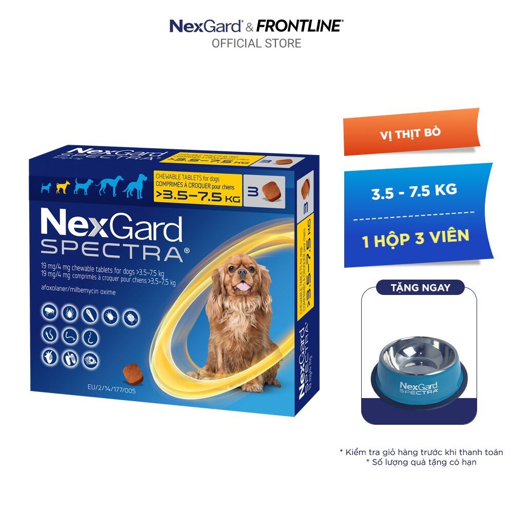 NexGard SPECTRA - Viên nhai phòng & trị nội, ngoại ký sinh (ve, rận, bọ chét, ghẻ Demodex, Sarcoptes, giun) dành cho chó size S (3.5-7.5kg) - 1 hộp 3 viên