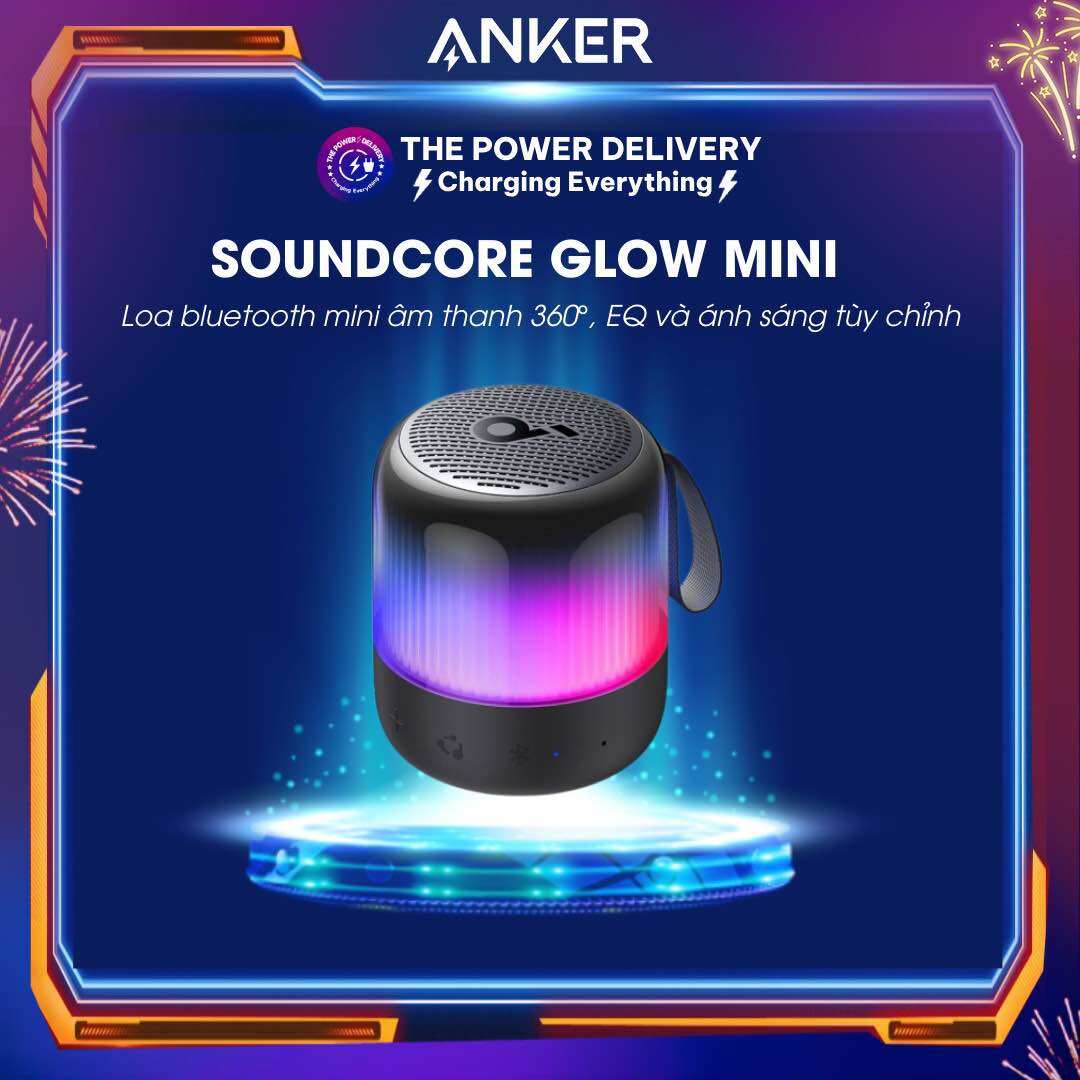 Loa di động bluetooth mini soundcore glow a3136 8wc, âm thanh 360°, pin 12 giờ, eq và ánh sáng có thể tùy chỉnh, ip67