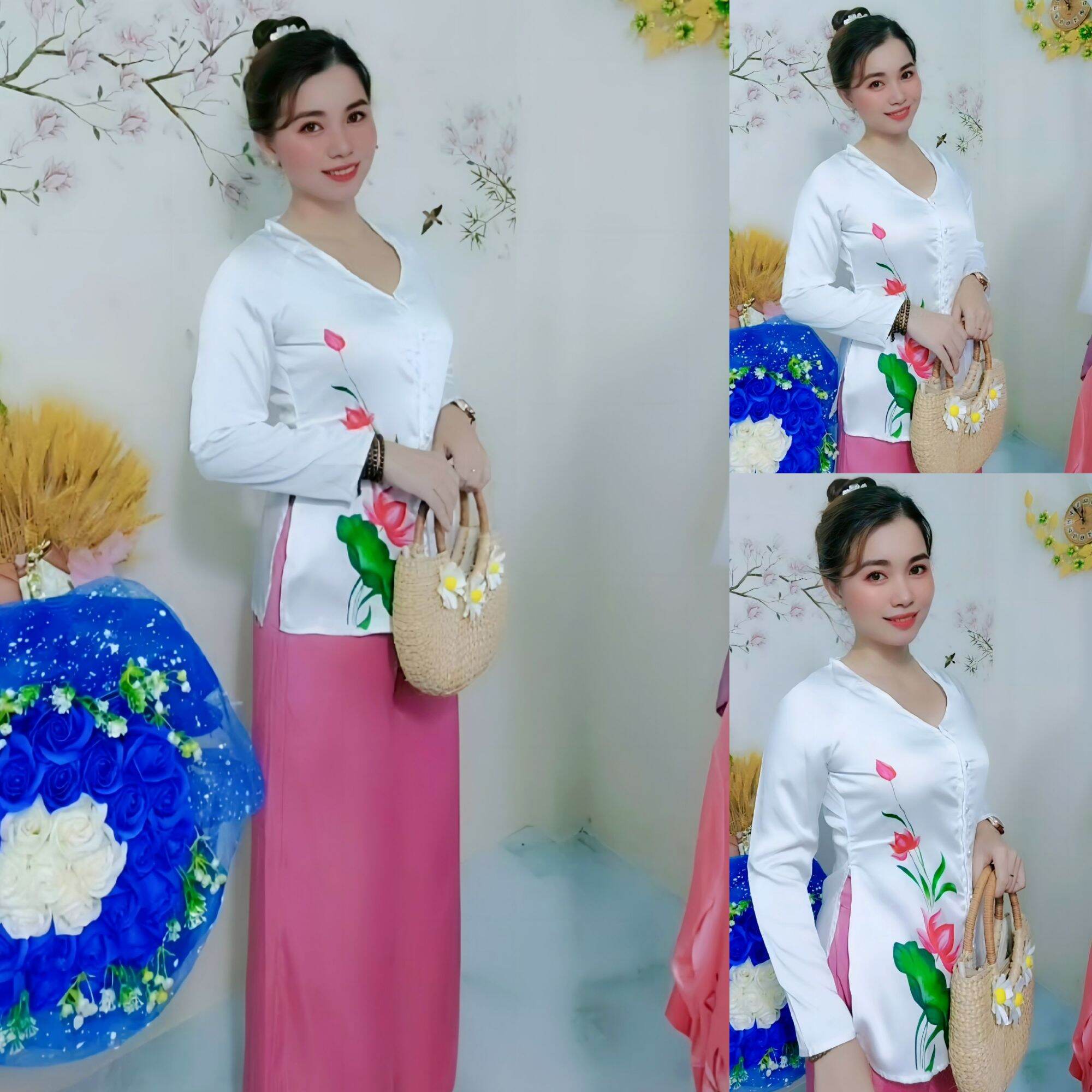 Bộ bà ba hoa sen lụa ngọc trai, phối quần lụa tằm cao cấp phom 42-58kg