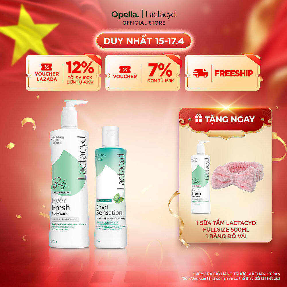 Bộ 1 Sữa tắm Lactacyd Ever Fresh mang lại làn da thơm mát và tràn đầy sức sống đến 24 giờ + 1 DDVS phụ nữ Lactacyd Cool Sensation 250ml Mát Lạnh  Sạch Thoáng Dài Lâu