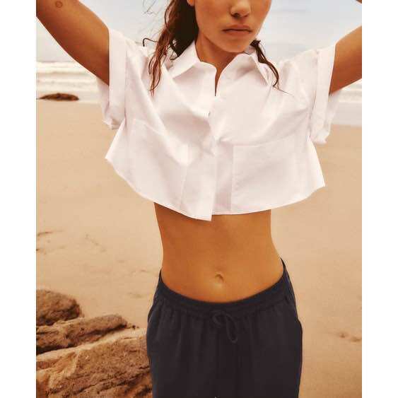 Áo Zara Sơ Mi Lụa Tay Ngắn Dáng Rộng croptop