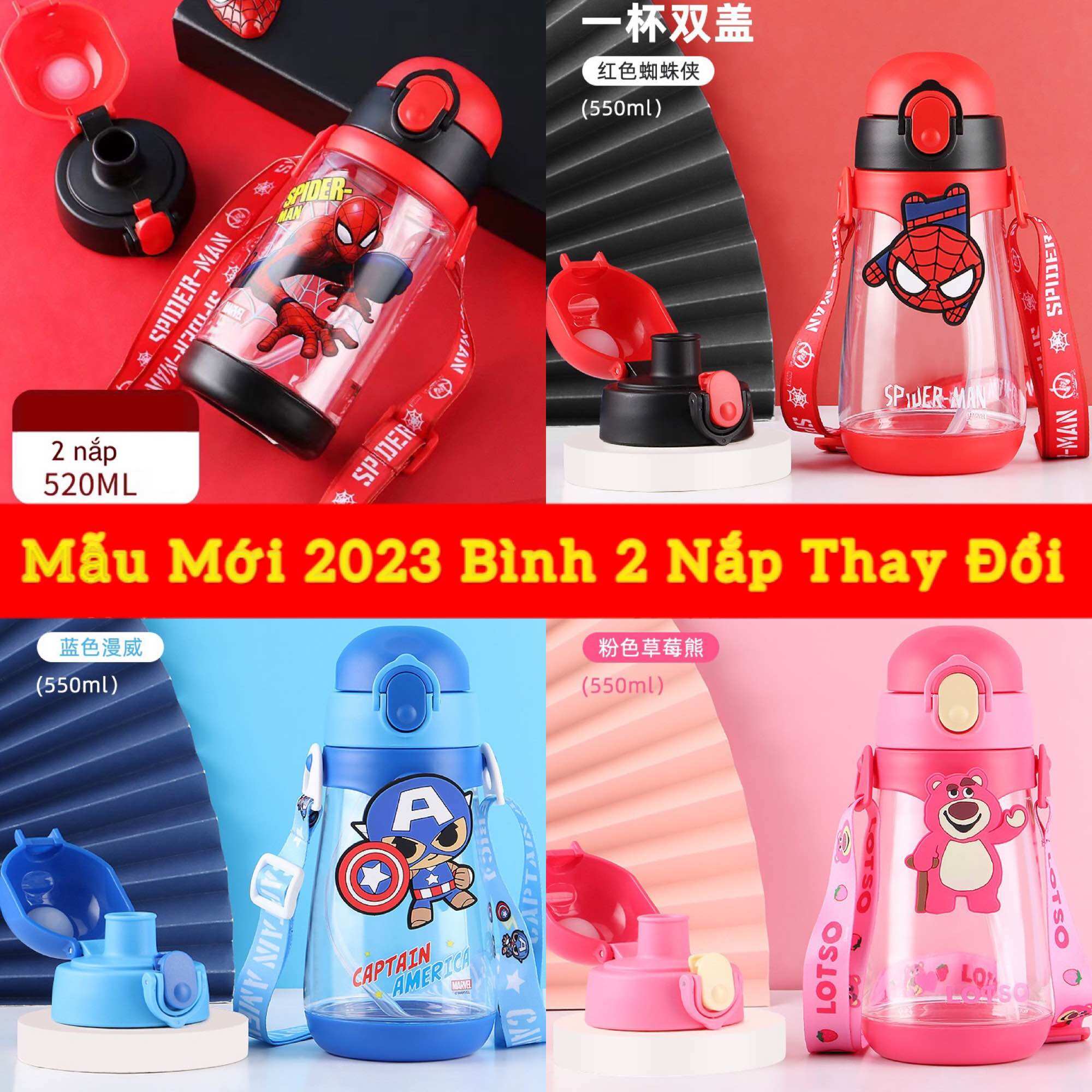 Bình nước siêu nhân nhện elsa 520ml nhiều mẫu