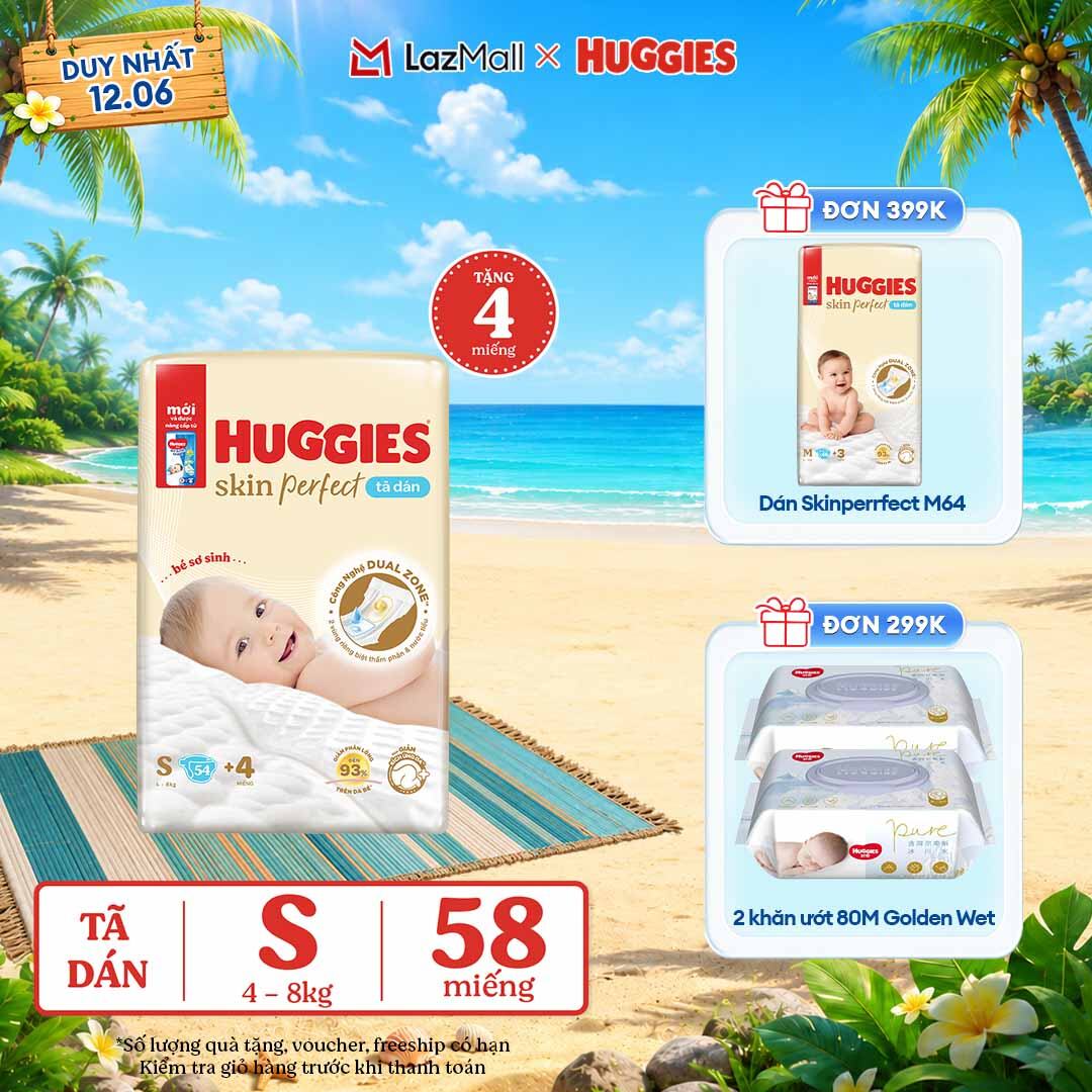 Tã/bỉm dán sơ sinh Huggies Skin Perfect S 54+6 miếng với 2 vùng thấm giảm kích ứng da
