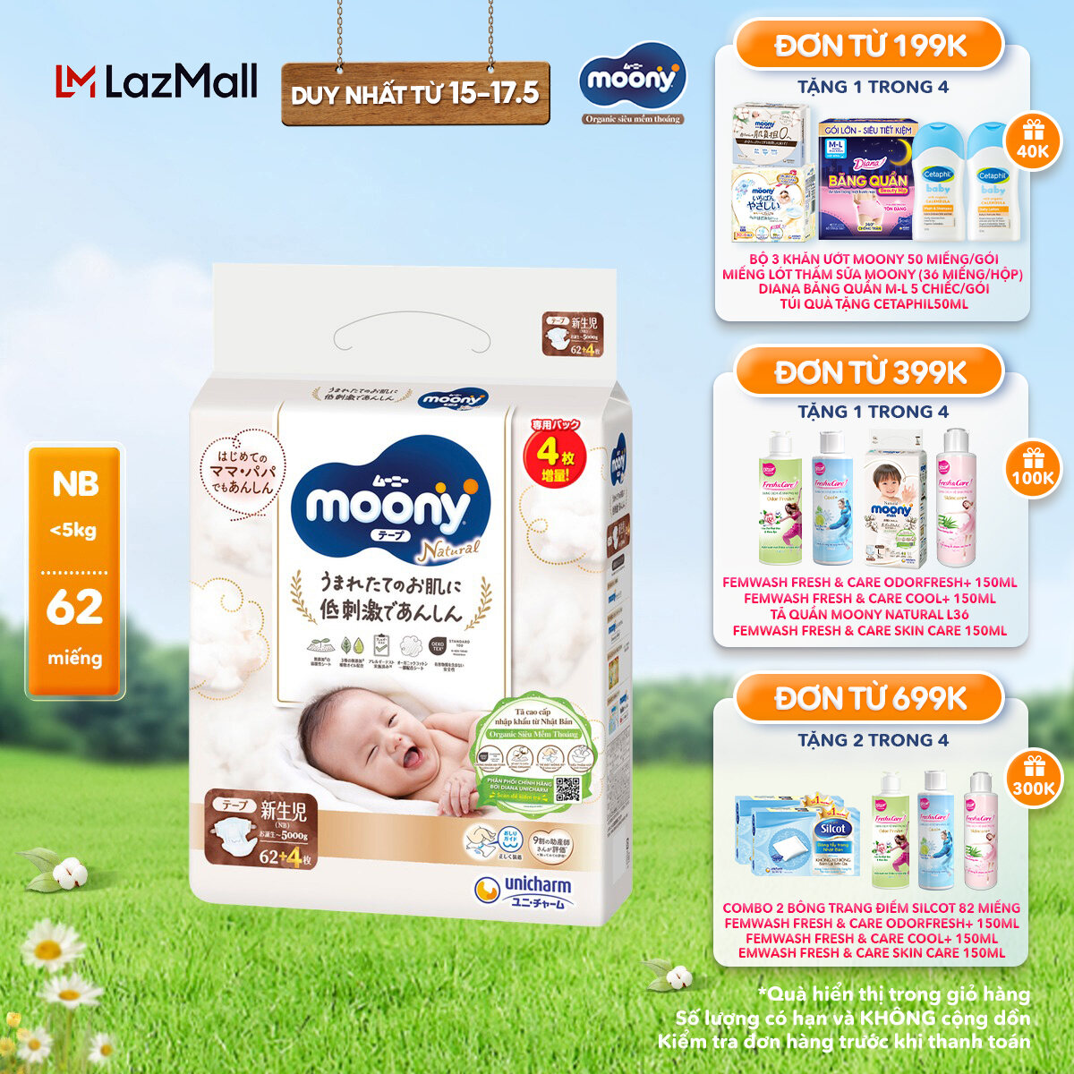  Tã/Bỉm dán organic siêu cao cấp Moony Natural Newborn 62+4 miếng