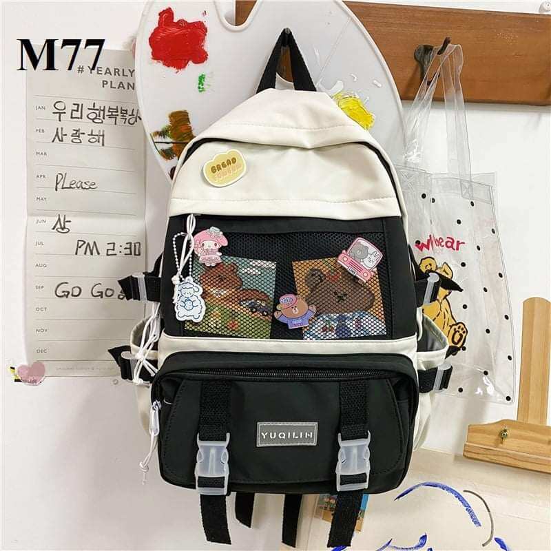 Ba lô Chang Yue chất vải canvas chống thấm phối ghim cài tặng kèm móc thú siêu xinh 882