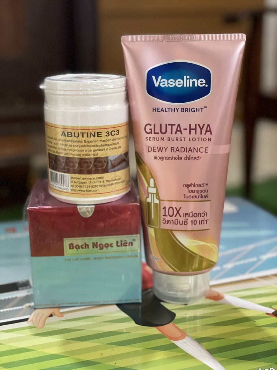 Combo kem kích trắng Abutine 3c3, kem body Bạch Ngọc Liên & sữa dưỡng thể Vaseline Healthy Gluta HYA 10x Serum Thái Lan