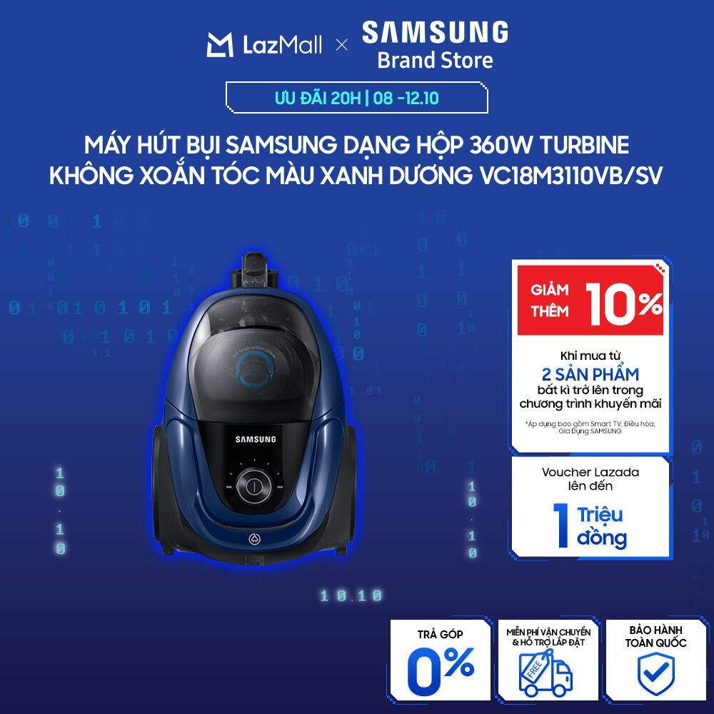 [MIỄN PHÍ VẬN CHUYỂN] Máy Hút Bụi Samsung Dạng Hộp 360W Turbine Không Xoắn Tóc Màu Xanh Dương VC18M3110VB/SV