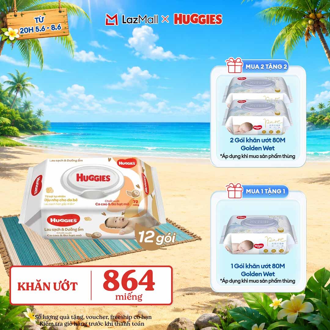 [CHỈ 9-10.6 GIẢM THÊM 90K]  Bộ 12 gói Khăn giấy ướt cho trẻ sơ sinh HUGGIES (Gói 72 tờ)-Chiết xuất Cao cao  Bơ hạt mỡ
