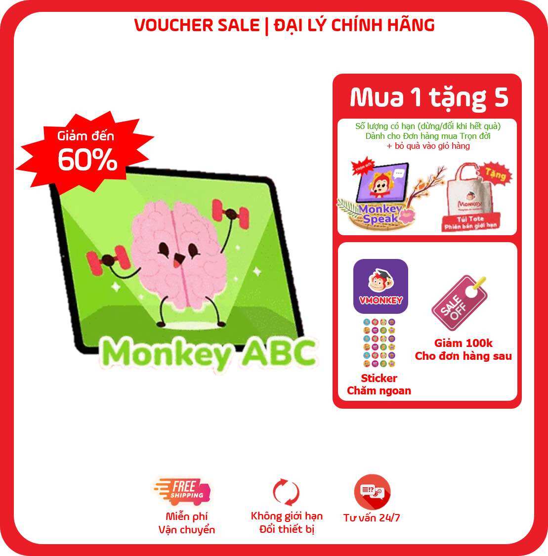 Monkey ABC (Trọn đời,1 năm) - Phần mềm từ vựng tiếng Anh cho trẻ em từ 0 đến 10 tuổi (flash card điện tử) - bảo hành chính hãng