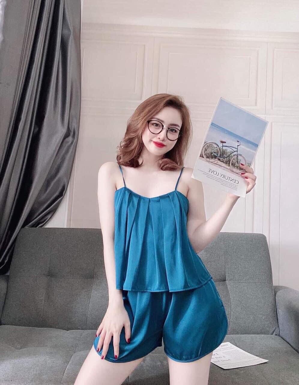 Đồ ngủ nữ, bộ 2 dây xếp ly ngực chất lụa satin