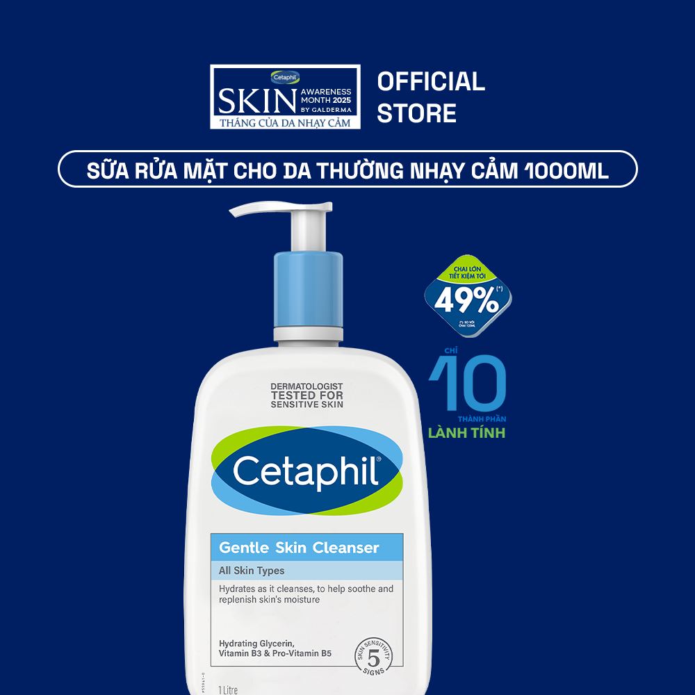 [VC 12%] Sữa rửa mặt dịu lành cho da nhạy cảm Cetaphil Gentle Skin Cleanser 1000ml