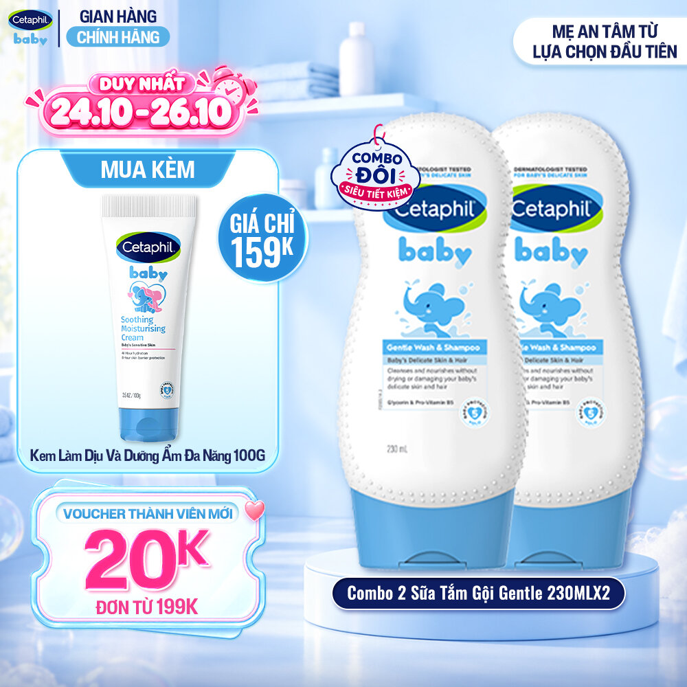 Combo 2 Sữa tắm gội dịu lành cho bé Cetaphil Baby Gentle Wash  Shampoo 230ml/chai