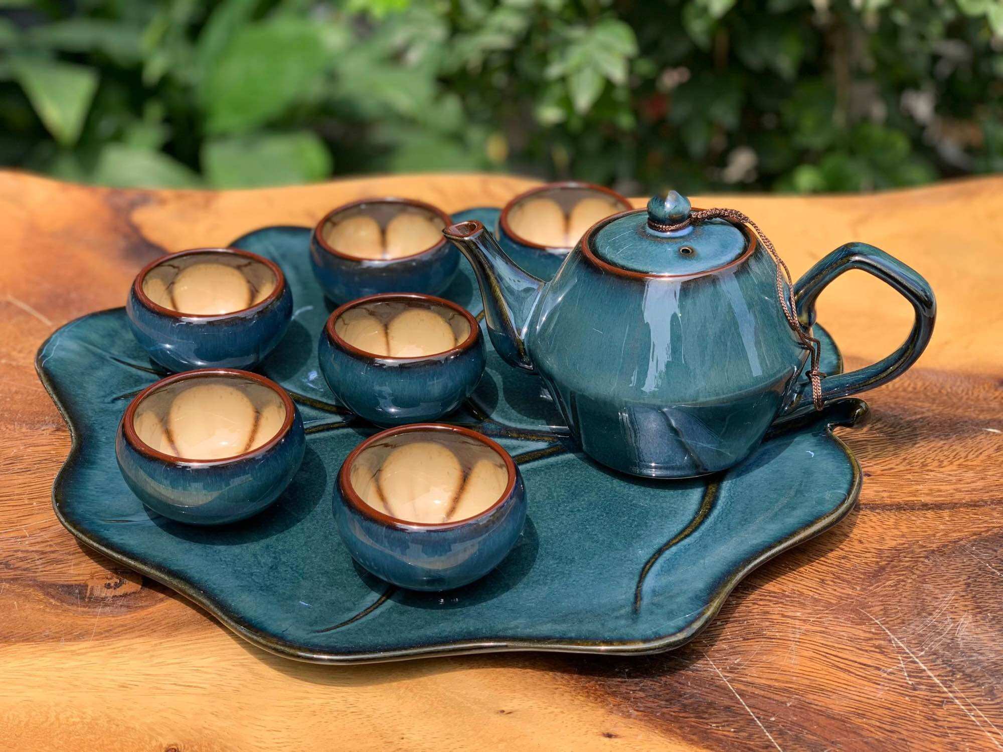 Bộ ấm trà men hỏa biến. Gốm sứ Bát Tràng.