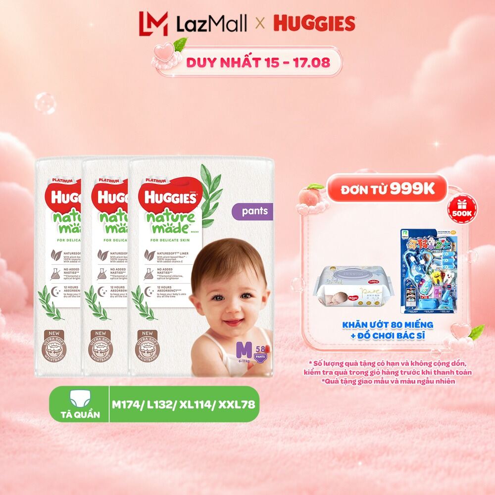Combo 3 Tã/Bỉm quần Huggies NatureMade Platinum M58/L44/XL38/XXL26/XXXL28