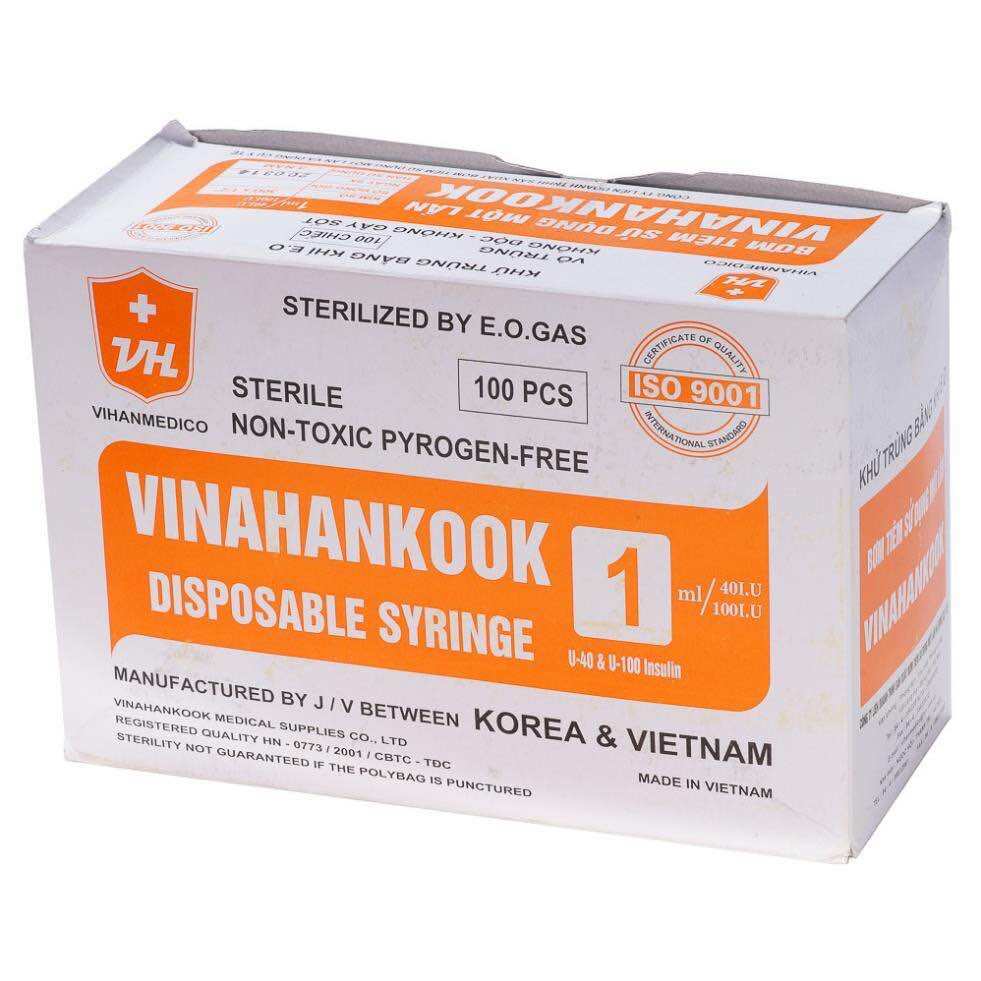 Hộp 100 cây bơm kim tiêm tiểu đường insulin 1cc 1ml 100iu 30G Vinahankook