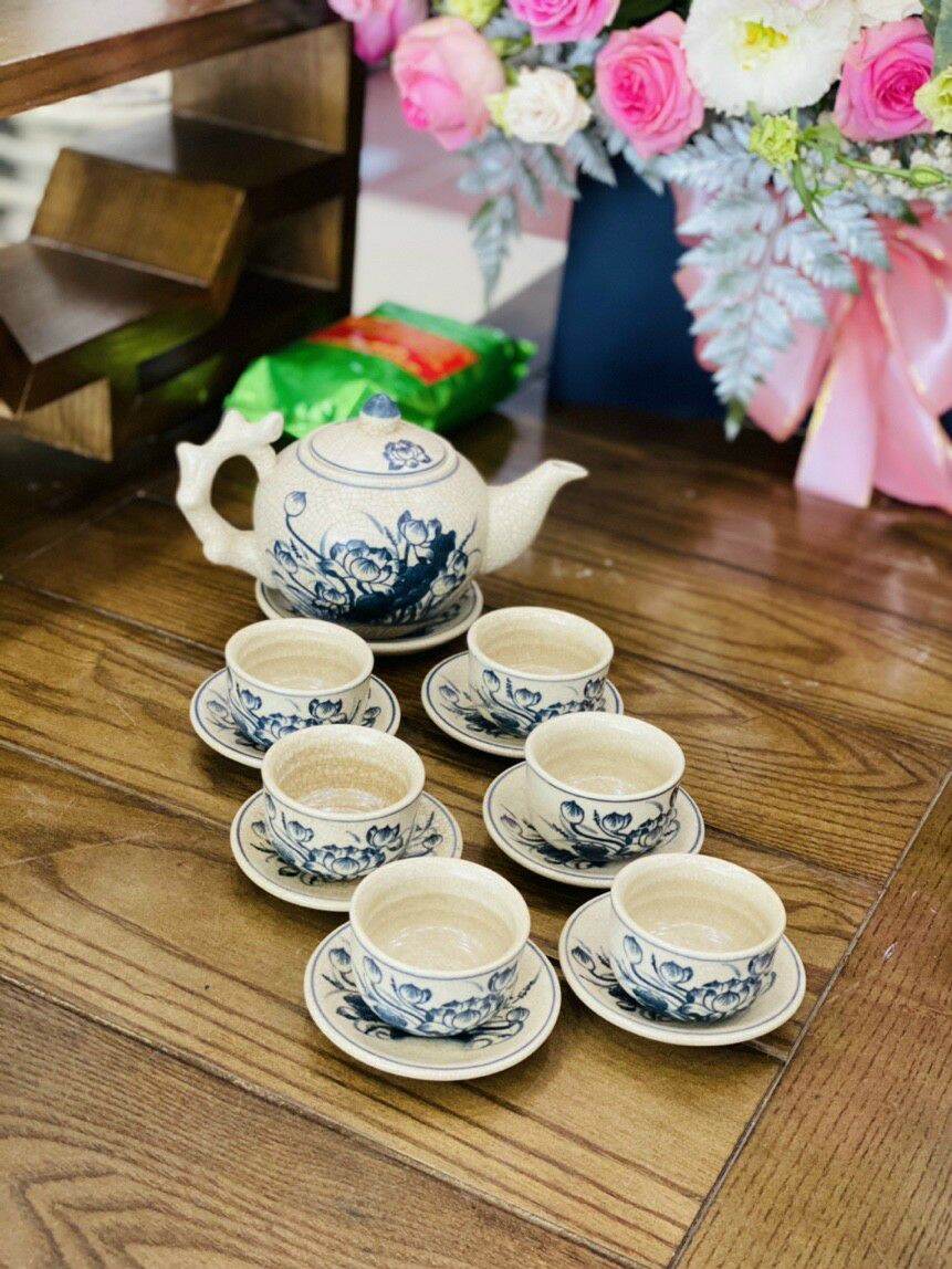 Bộ ấm chén men rạn giả cổ Bát Tràng vẽ sen