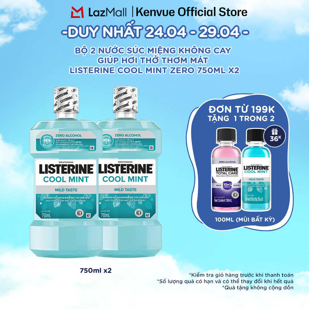 Bộ 2 Chai Nước Súc Miệng Listerine Giúp Hơi Thở Thơm Mát Cool Mint Zero Alcohol 750mlx2