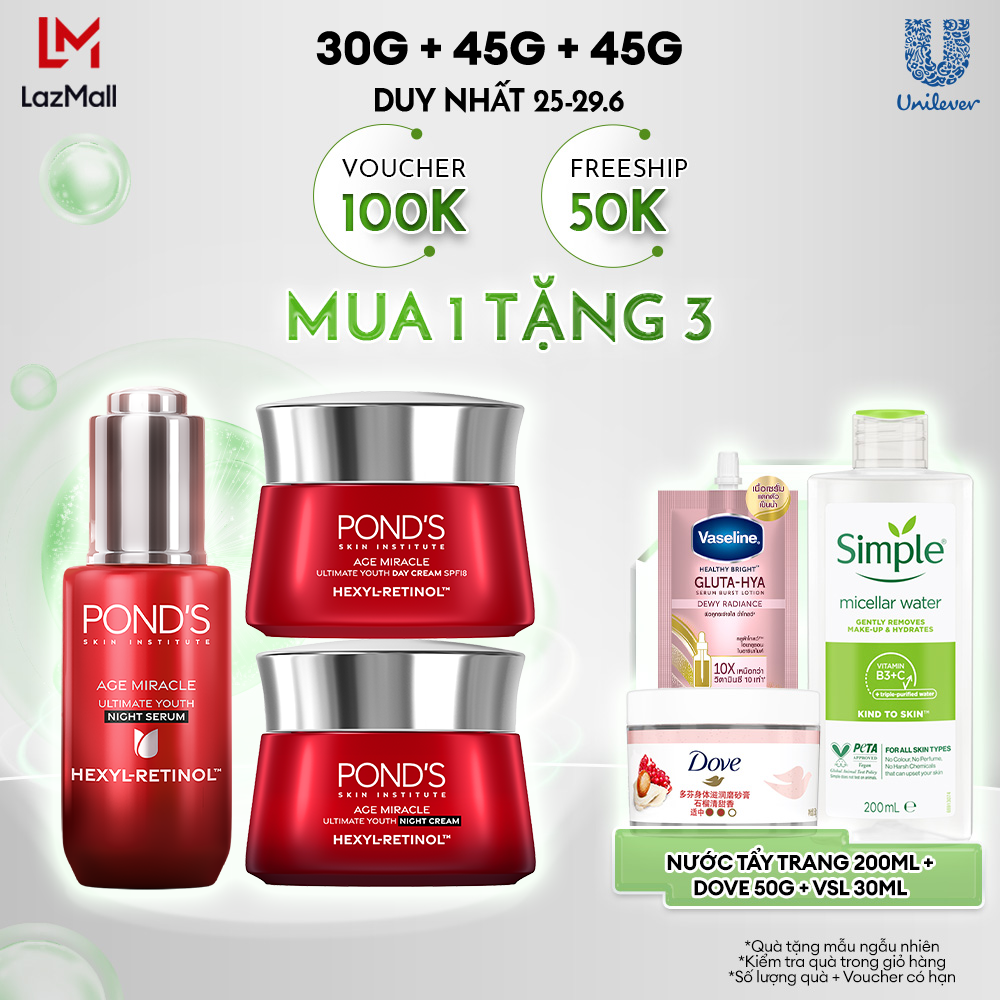 Combo Serum đêm và 2 Kem dưỡng ngày & đêm Pond's Age Miracle mờ đốm nâu, nếp nhăn với 50X Hexyl-Retinol 30G+45G+45G