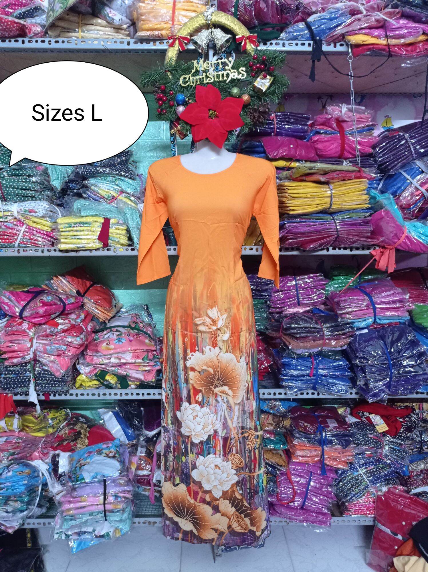 áo dài in hoa vải lụa nhật tay dài lỡ cổ tròn