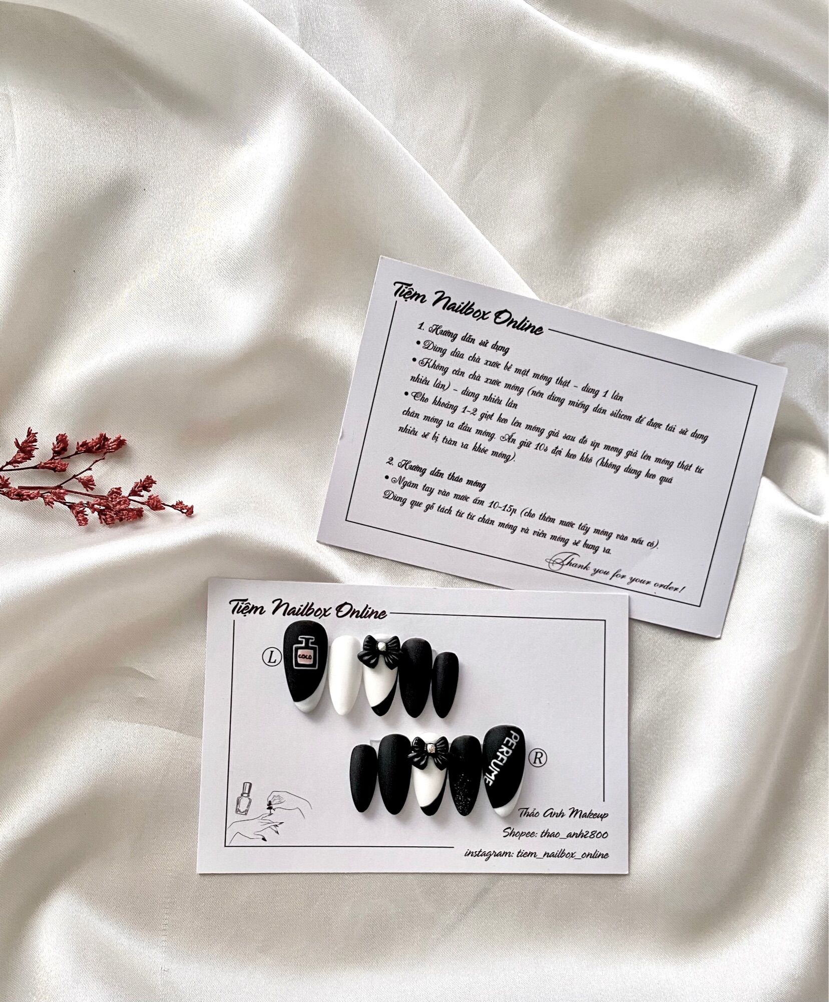 NailBox đen trắng đính nơ - tiệm nailbox online