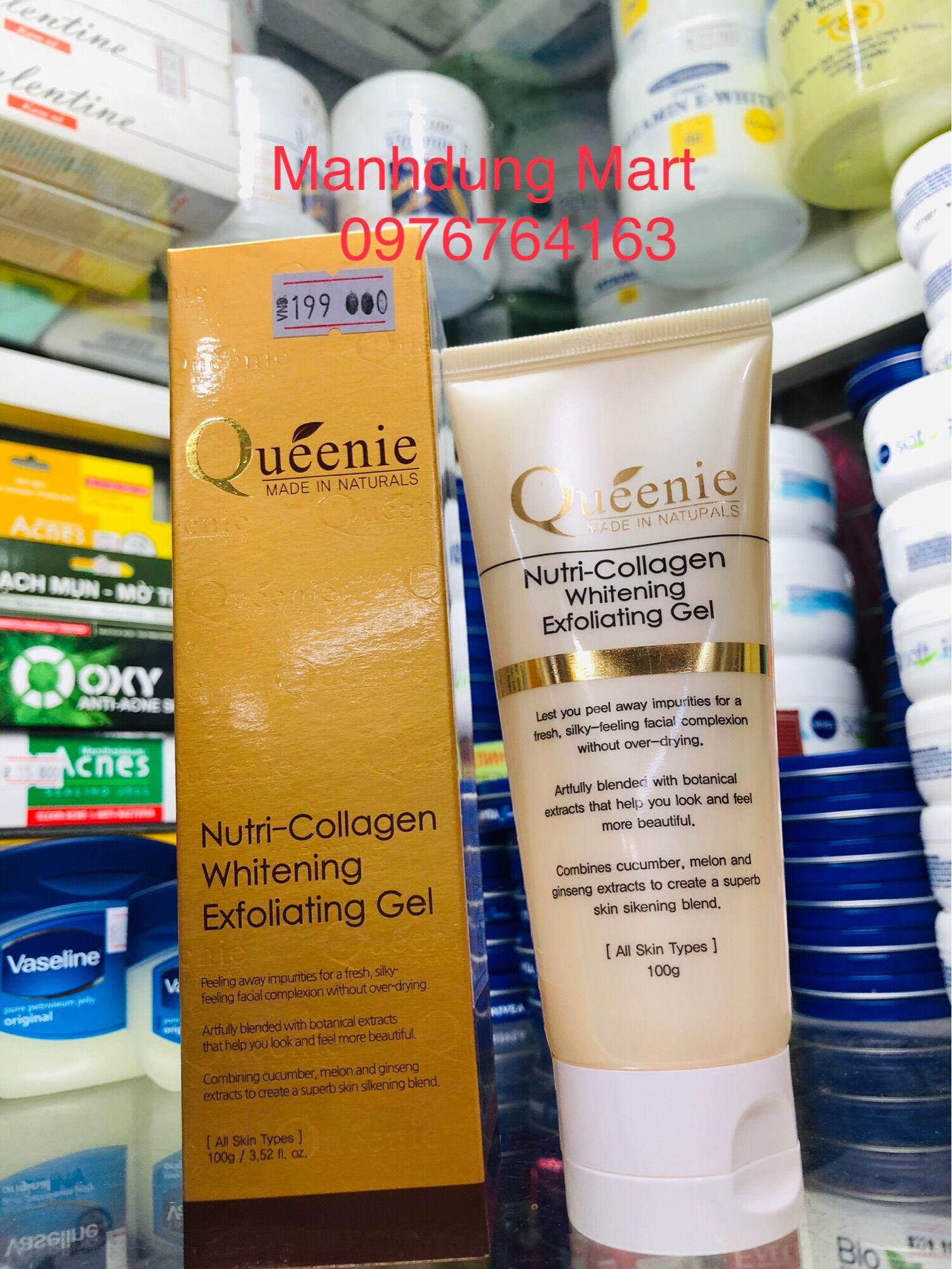 Gel tẩy tế bào chết Queenie 100ml.Gel Hàn Quốc chính hãng dành cho mọi loại da.Giúp trắng da,bổ sung Collagen
