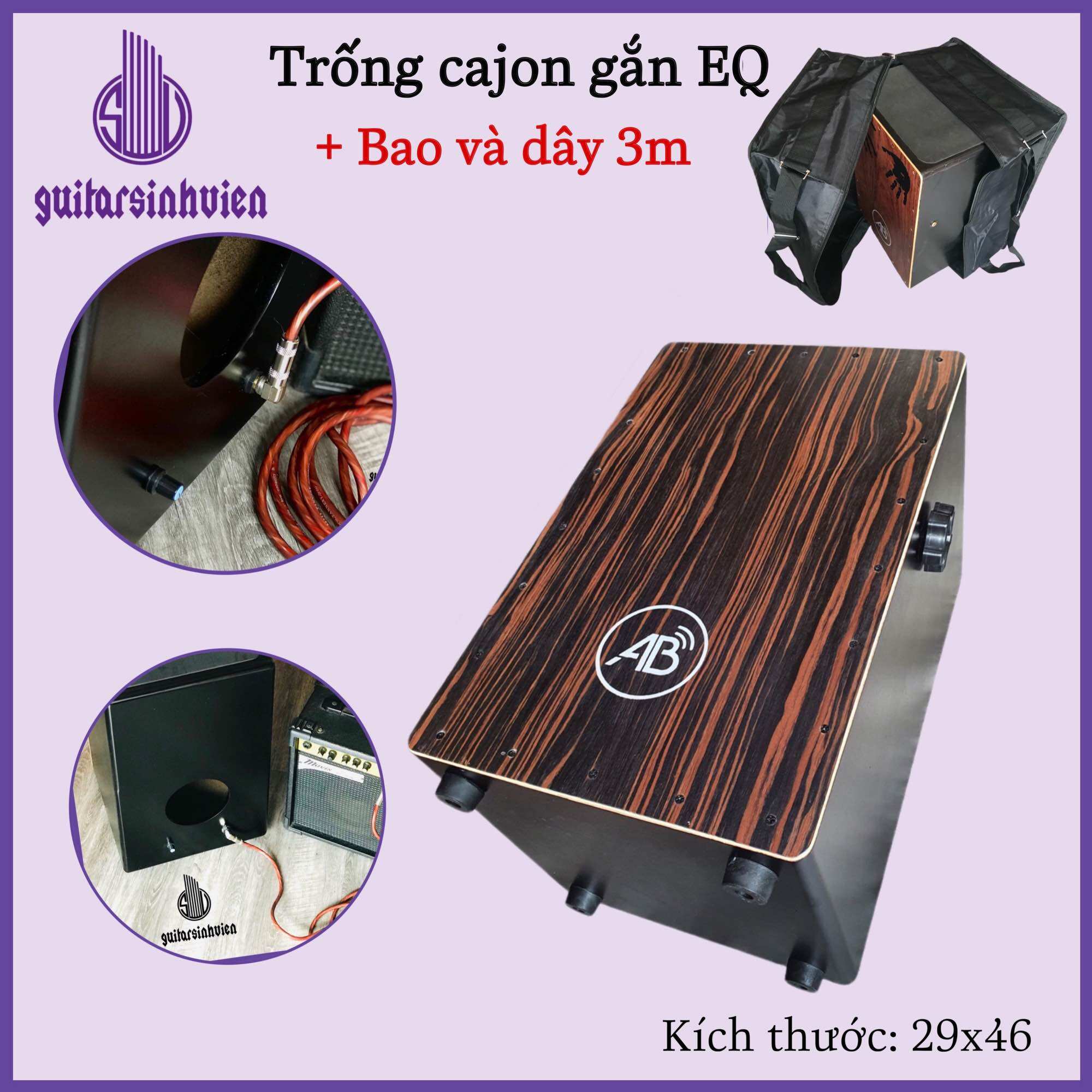 Trống Cajon AB Drum gắn EQ ra loa, có tay vặn căn chỉnh -Tặng bao và dây jack kết nối loa