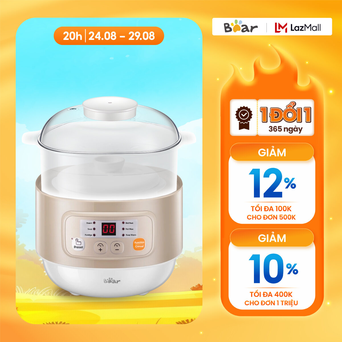 Nồi Nấu Chậm 0.8L Đa Năng Bear  A08T8/A08G2/A08D1 Nấu Cháo, Ninh, Hầm Cách Thủy 4in1 - Bảo hành 18 tháng