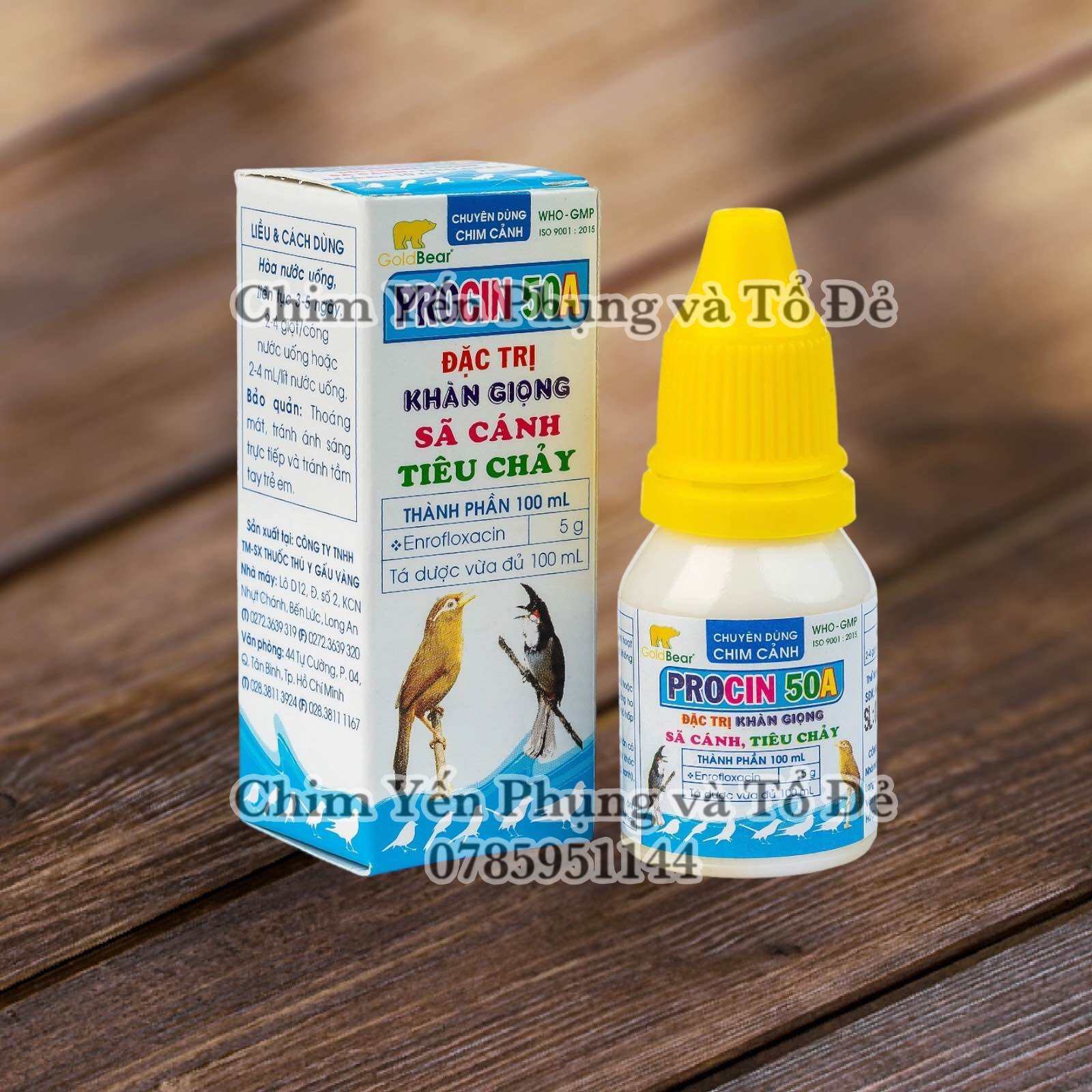 1 chai 10 ml PROCIN 50A Dùng cho chim cảnh khàn giọng sã cánh tiêu chảy.