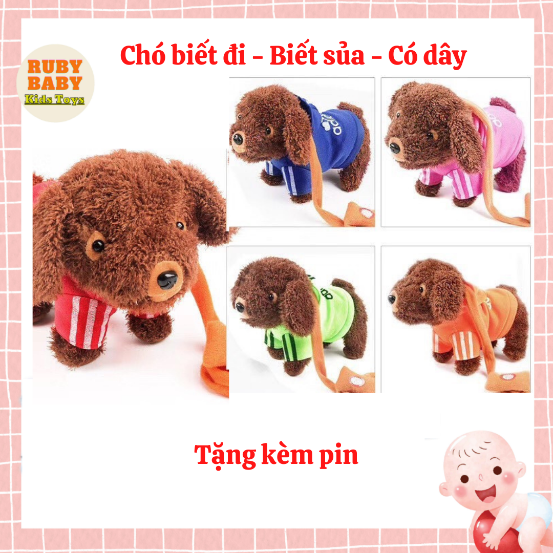 Đồ chơi chó bông mặc áo biết đi, biết kêu gâu gâu có dây đeo cổ