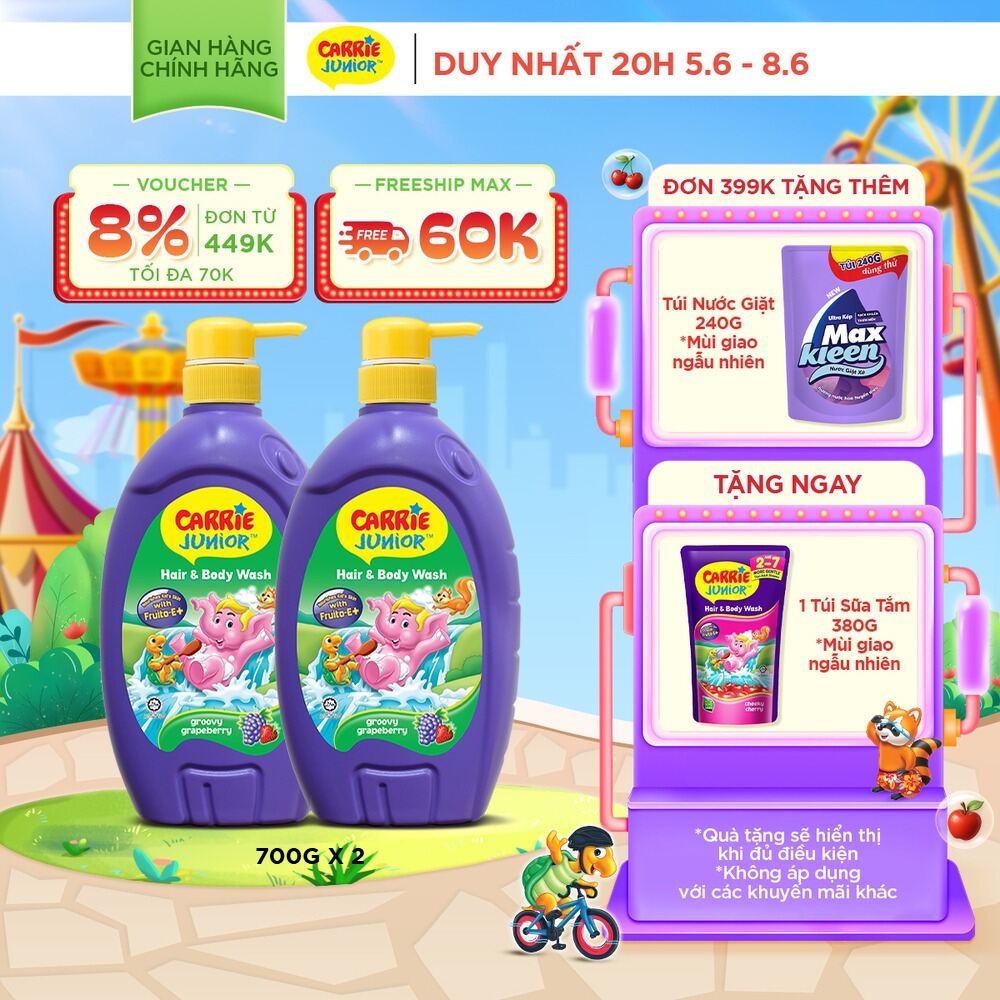 Combo 2 Sữa Tắm Gội cho bé Carrie Junior chiết xuất trái cây thiên nhiên Hương Grapeberry (700g/chai)