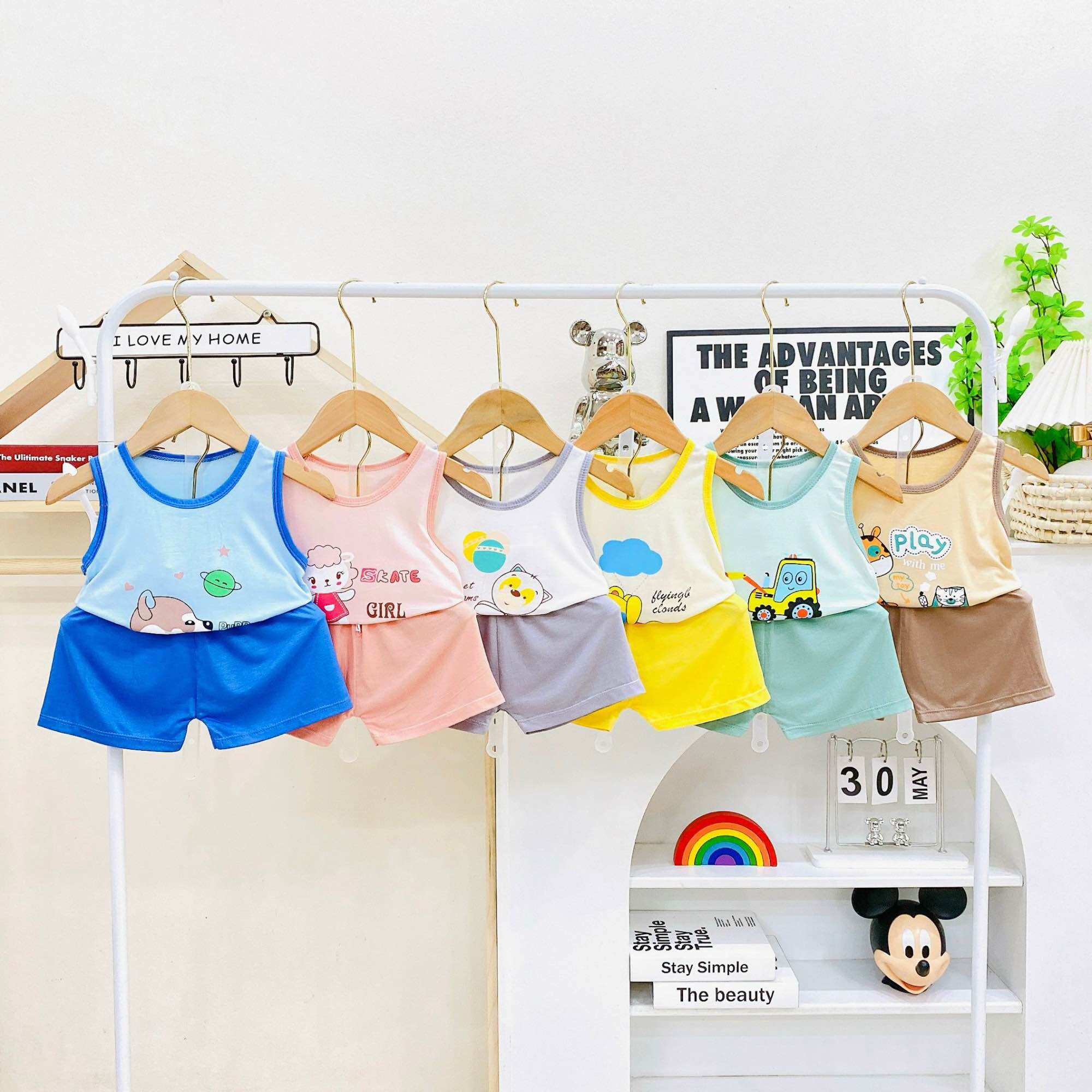 Bộ ba lỗ minky mon cho bé trai bé gái từ 5kg tới 17kg dễ thương cho bé