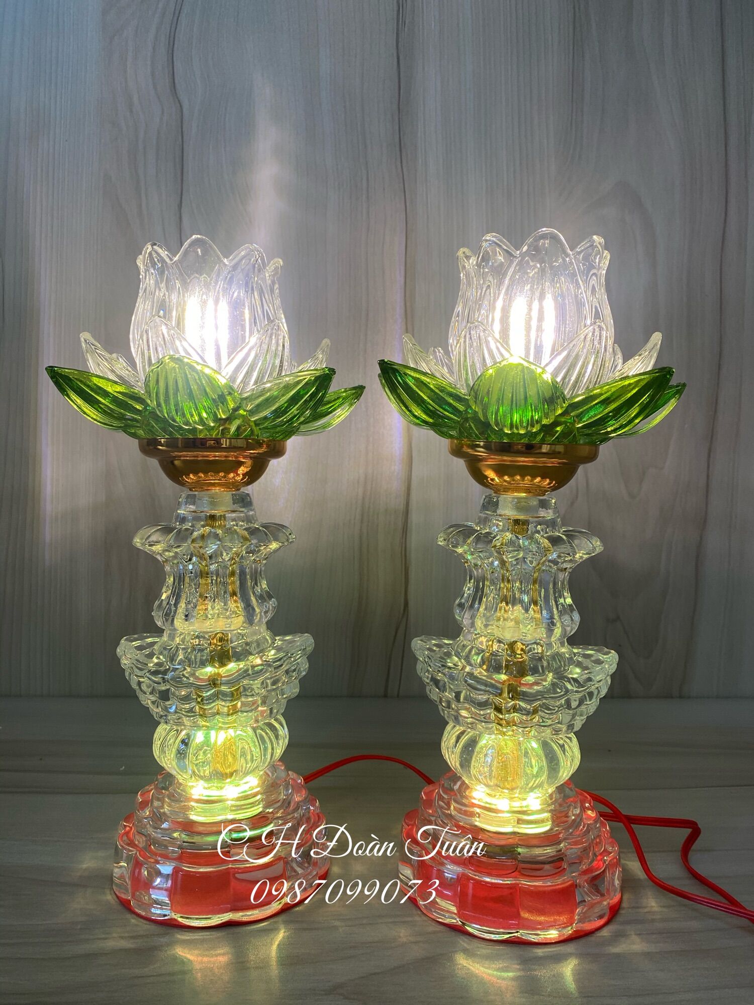 Cặp đèn thờ pha lê bông thuỷ tinh cao 30cm
