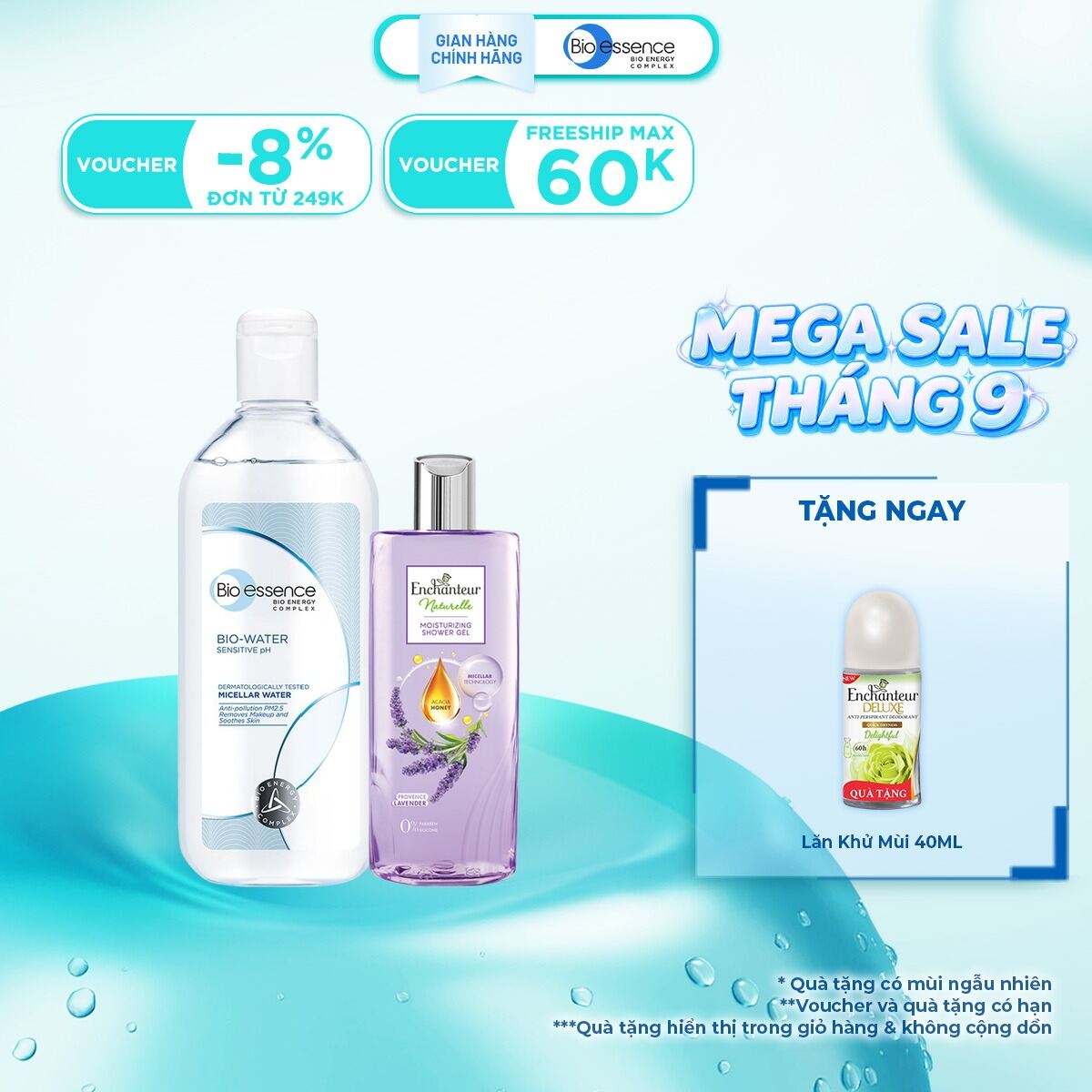 Nước tẩy trang ẩm mượt mịn màng Bio-Essence BioWater Micellar 400ml + tặng kèm chai Sữa tắm Enchanteur naturelle 250g (mùi ngẫu nhiên)
