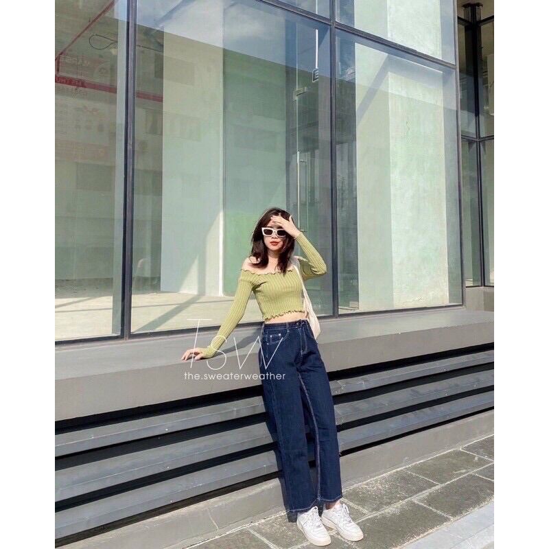 Áo Croptop Trễ Vai Dài Tay Len Mỏng