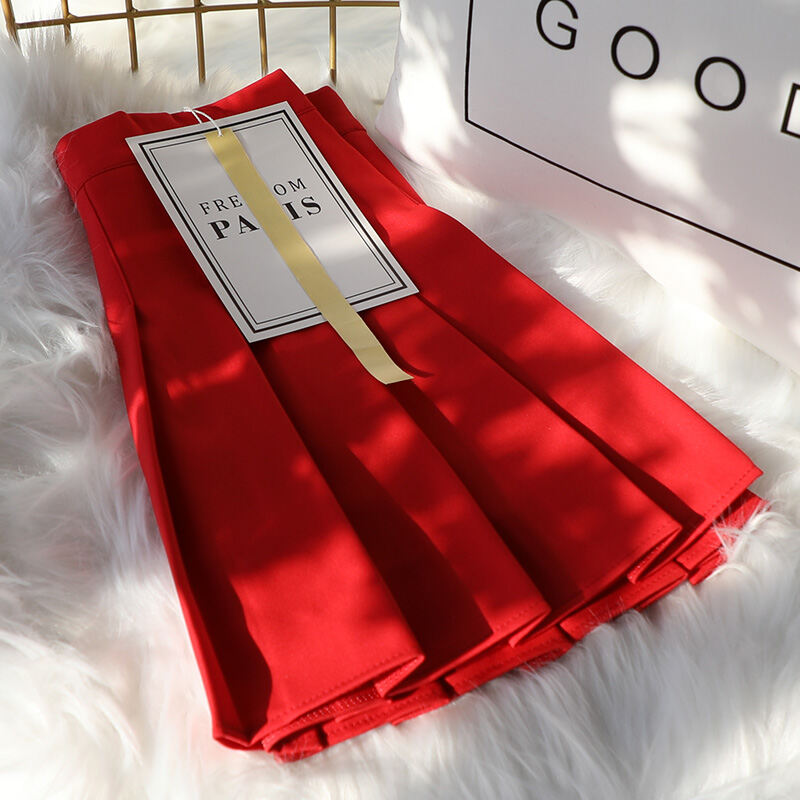 Váy Xếp Ly Màu Đỏ Váy Ngắn Phong Cách Học Đường Thon Gọn Chữ A Cạp Cao Mẫu Ngắn Mẫu Xuân Hè Bộ Vest Nữ Quần Chân Váy Vải
