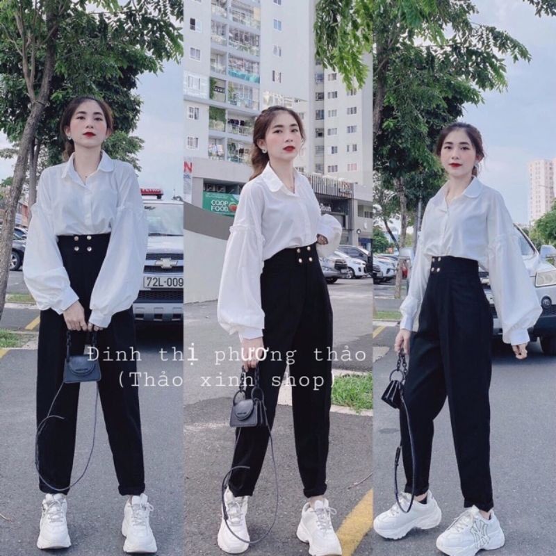 Áo sơ mi trắng nữ tay phồng form rộng