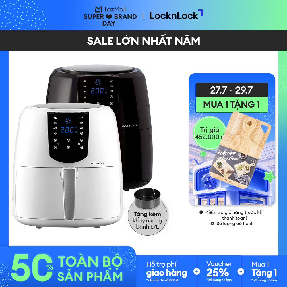 EJF357 - Nồi chiên không dầu LockLock 5.2L - Cảm ứng, 7 chế độ nấu, Tỏa nhiệt đối lưu, Tặng khay bánh - Chính hãng - Bảo hành 2 năm