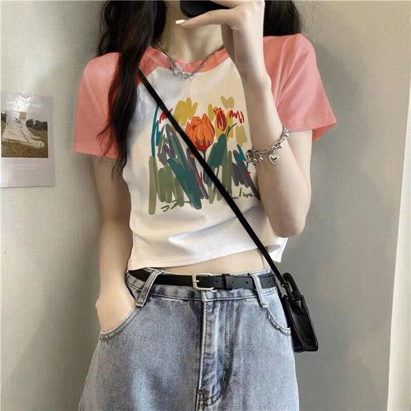 Áo thun croptop phối tay in hoa tulip Áo croptop nữ áo thun in hình 💕💕💕💕GB9998