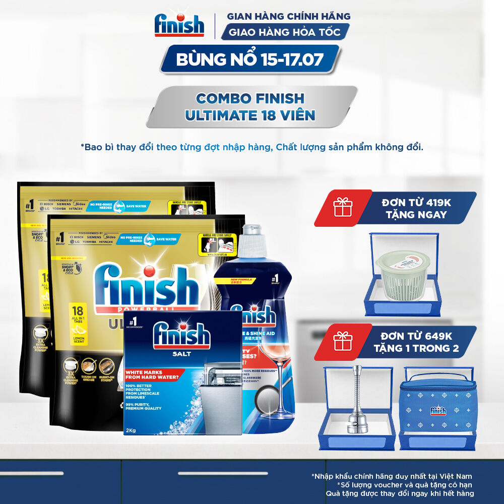 Combo 2 Túi rửa chén Finish Ultimate 18 viên + Nước làm bóng Finish 500ml + Muối rửa chén Finish 2kg