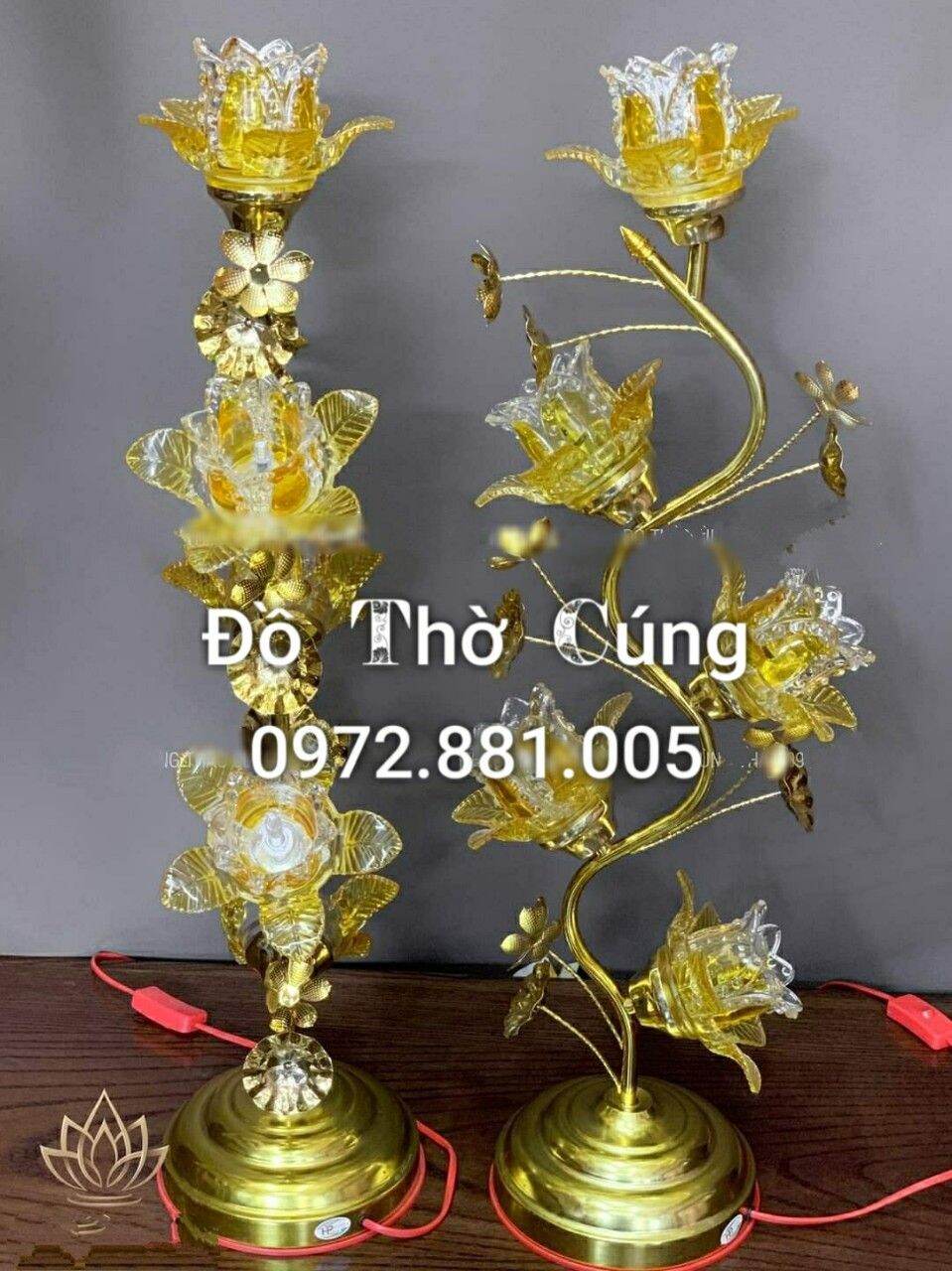 Đèn thờ thủy tinh 5 Bông hoa sen (1 đôi)