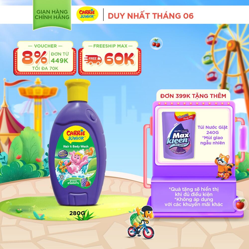 Sữa tắm Gội cho bé Carrie Junior chiết xuất trái cây thiên nhiên hương Grapeberry 280g