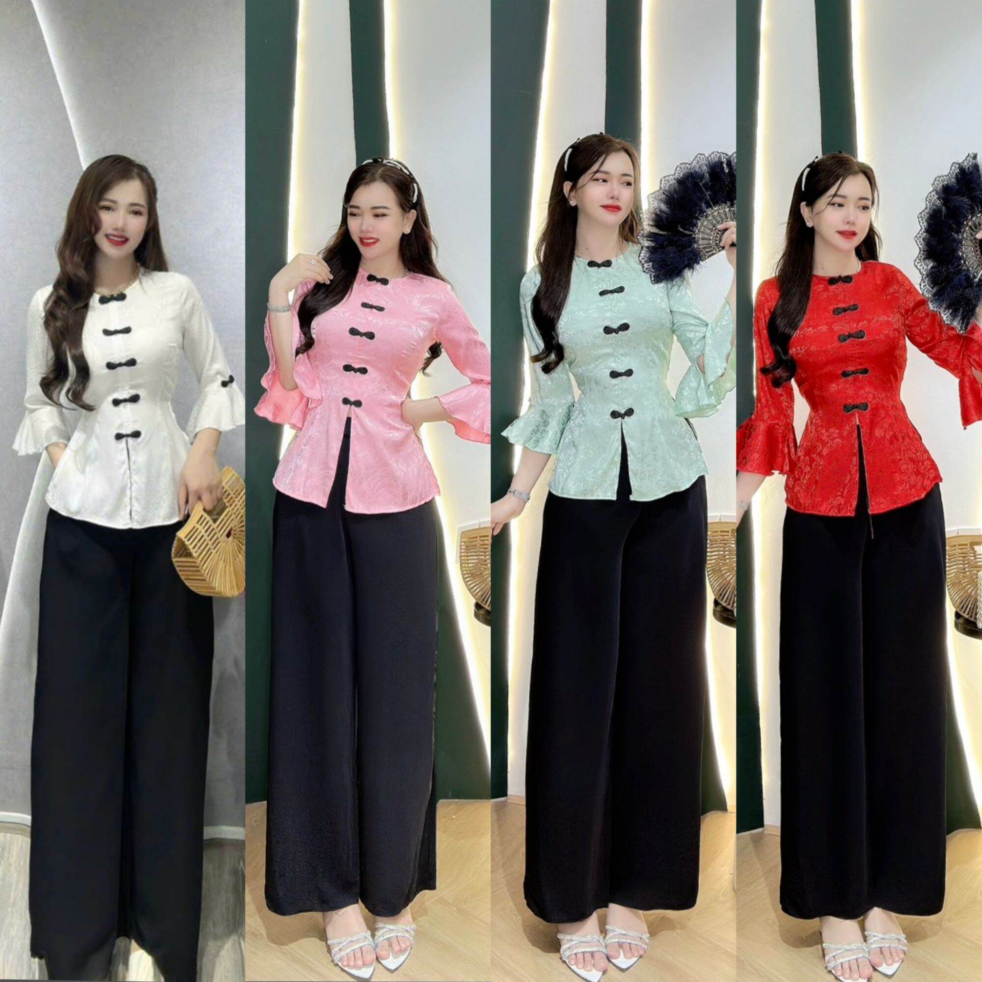 Bộ bà ba gấm tay loe / Set bà ba gấm tay loe/ trang phục truyền thống tay loe chất lụa gấm phối quần mango