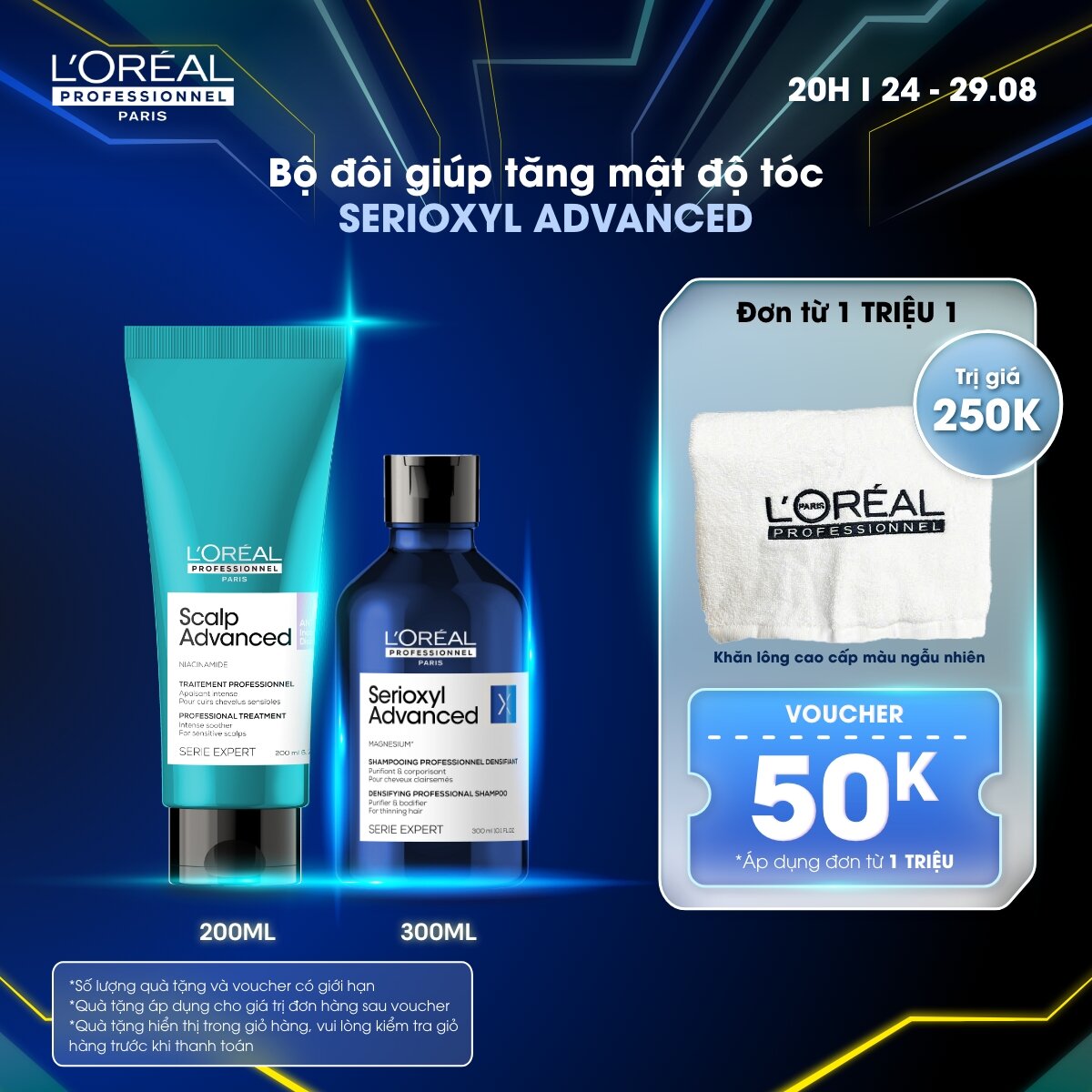 Liệu trình dưỡng tóc giúp cải thiện mật độ tóc - hỗ trợ mọc tóc L'Oréal Professionnel Scalp Advanced - Dầu gội 300ml, Dưỡng chất 200ml - Dành cho tóc thưa, mảnh, rụng