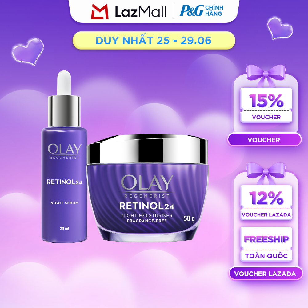 Combo Kem Dưỡng Ban Đêm OLAY RETINOL24 Giúp Giữ Nét Tươi Trẻ Cho Da  Mờ Nếp Nhăn Hũ 50G + Serum OLAY RETINOL24 Giúp Giữ Nét Tươi Trẻ Cho Da  Mờ Nếp Nhăn Chai 30ML