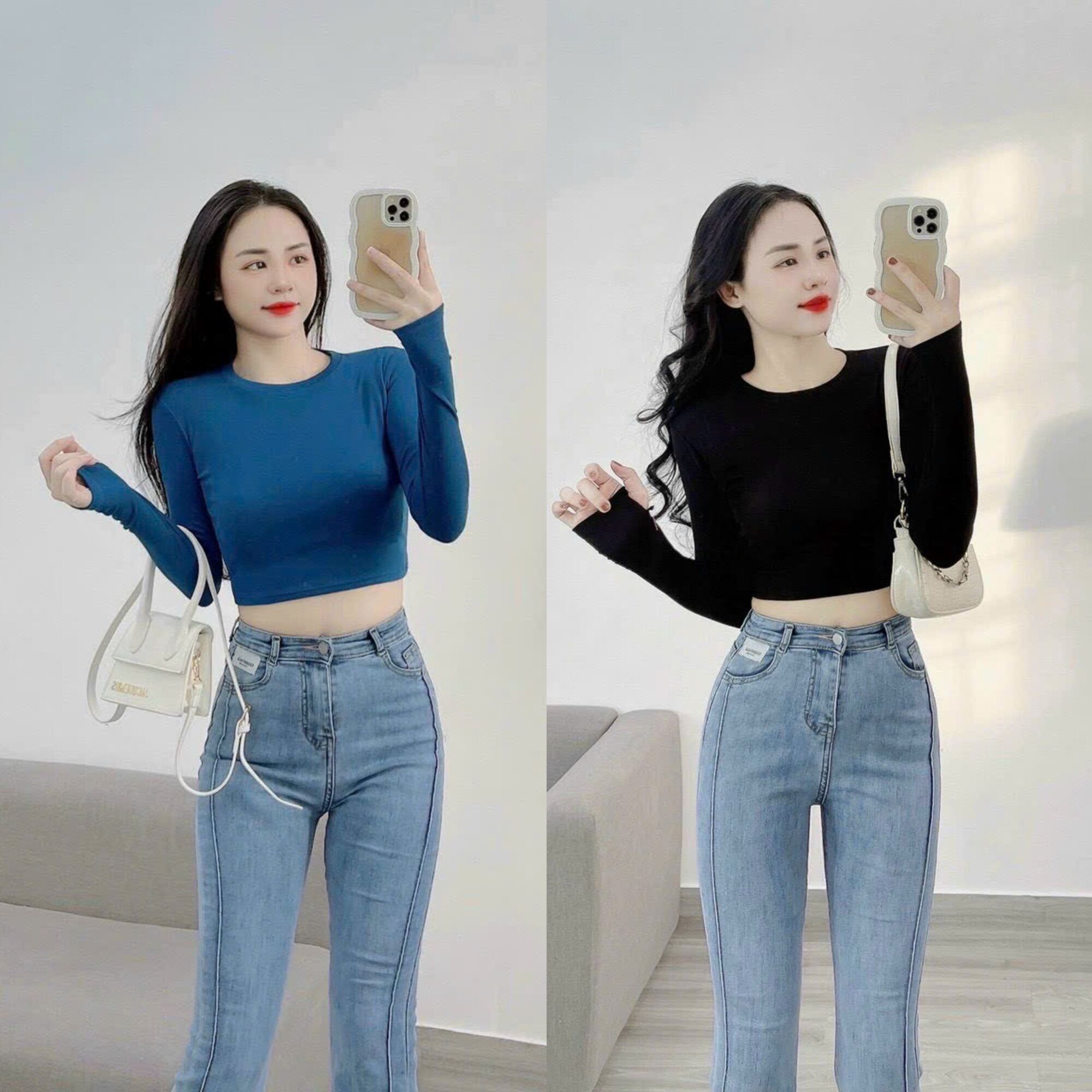 Áo thun dáng ôm nữ Croptop cổ tròn tay dài xỏ ngón ( tăm TD C.H )