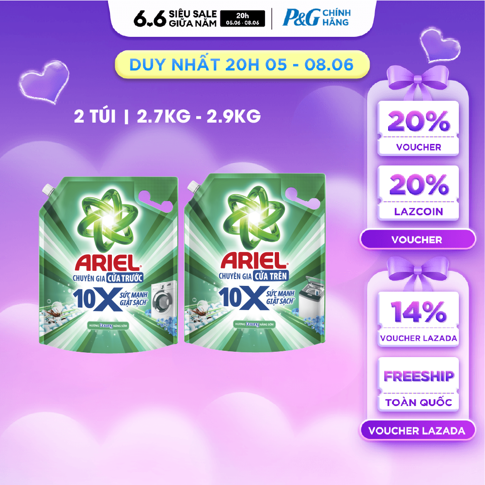 Combo 2 Nước Giặt Gel ARIEL 10X Sức Mạnh Giặt Sạch Chuyên Gia Cửa Trước - Cửa Trên Hương Downy Nắng Sớm Túi 2.7KG/ 2.9KG