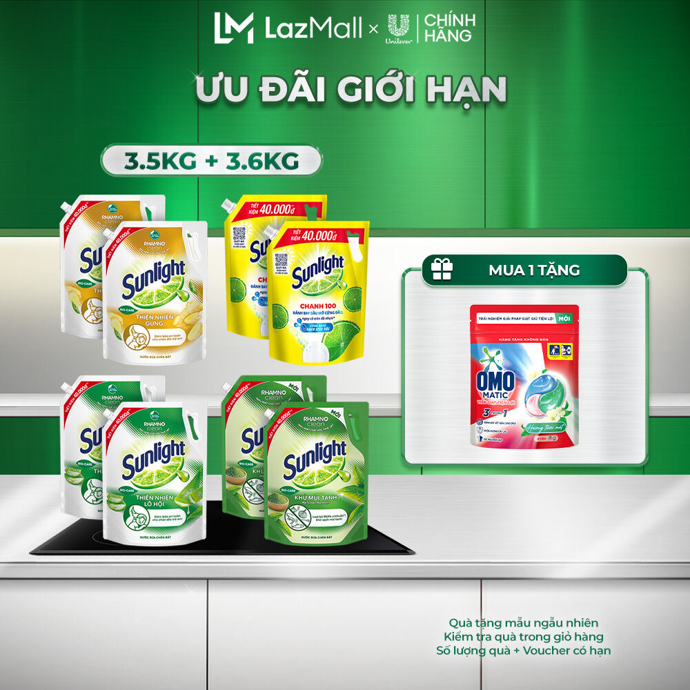 COMBO 2 Nước rửa chén Sunlight Thiên Nhiên Túi 3.3kg & Chanh Túi 3.5kg | Công nghệ Rhamno Clean | Đánh bay dầu mỡ ngay cả trên đồ nhựa