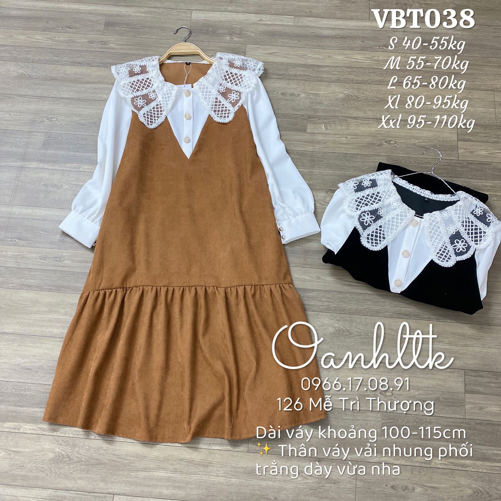 Bigsize 40-110kg Oanhltk Đầm bầu thời trang - Váy bầu thu đông nhung phối trắng cổ ren cúc